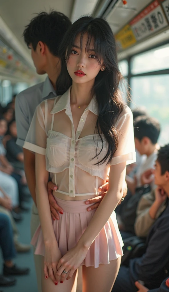 (Raw photography:1.2)、top-quality、masuter piece:1.2)、ultra-detailliert、ultra res、(realisitic、rialistic photo:1.37)、portlate、high-definition RAW color photography、Professional Photography、highly detailed and beautiful、ighly detailed、8K Picture Wallpaper、amazing detailed、huge filesize、Official art、Highly detailed CG Unity 8K wallpapers、highly detailed beautiful girl、extra detailed face、extremely detailed eye、highlydetailed skin、extremely detailed fingers、highly detailed nose、very detailed detailed mouth、Perfect Anatomy、细致背景、Detailed clothing、女の子1人、(20:1.2)、in her 20s、Cute little girl s、Realistic body、小柄、de pele branca、glistning skin、Slim body、A dark-haired、((short-hair))、((bobhair))、(bluntbangs: 1.2)、kawaii、kawaii faces、Lifelike face、Delicate eyes、Sauce order、((clean5Red nails on the fingers))、((White short-sleeved shirt))、((no-bra))、((Ultra Black Mini Skirt:1.3))、((Plain feet))、((FULL BODYSHOT))、耳Nipple Ring、((Staring at a man with a reluctant expression))、cowboy shot、standing athletic pose、Contrapo、动态照明、((Firm D-cup milk))、((The train crowded several men))、((A man puts his hand on her chest from behind、Talking in her ear))、((Another man picks her up on his lap))、((She puts her hand on the man's crotch))、Big ass breasts until waiting to be put on、(White swooping open shirt:1.3)、Old man leaning on his back and picking her up、Poses variadas、((Stick your butt out))、((Sad look))、Men's Perspective、