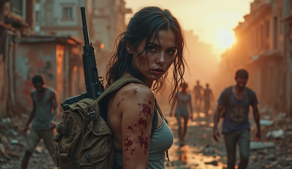 Torn Apocalypse Costume, breasts, Embarrassed Pose, Open clothes, sweaty body, masterpiece, best quality, high resolution, Rich details, 8k, dark and shadow, Image of a beautiful young woman wearing yellow tactical gear, dirty and dusty , Walk through the ruined streets of a fallen city, Post-apocalypse, Smoke and fog in the air, The yellow-gray sky bursts open, covered with toxic clouds.., collapsed buildings, Broken streets, tall body, detailed face, detailed eyes, cold face, dirty, (Post-apocalypse theme),