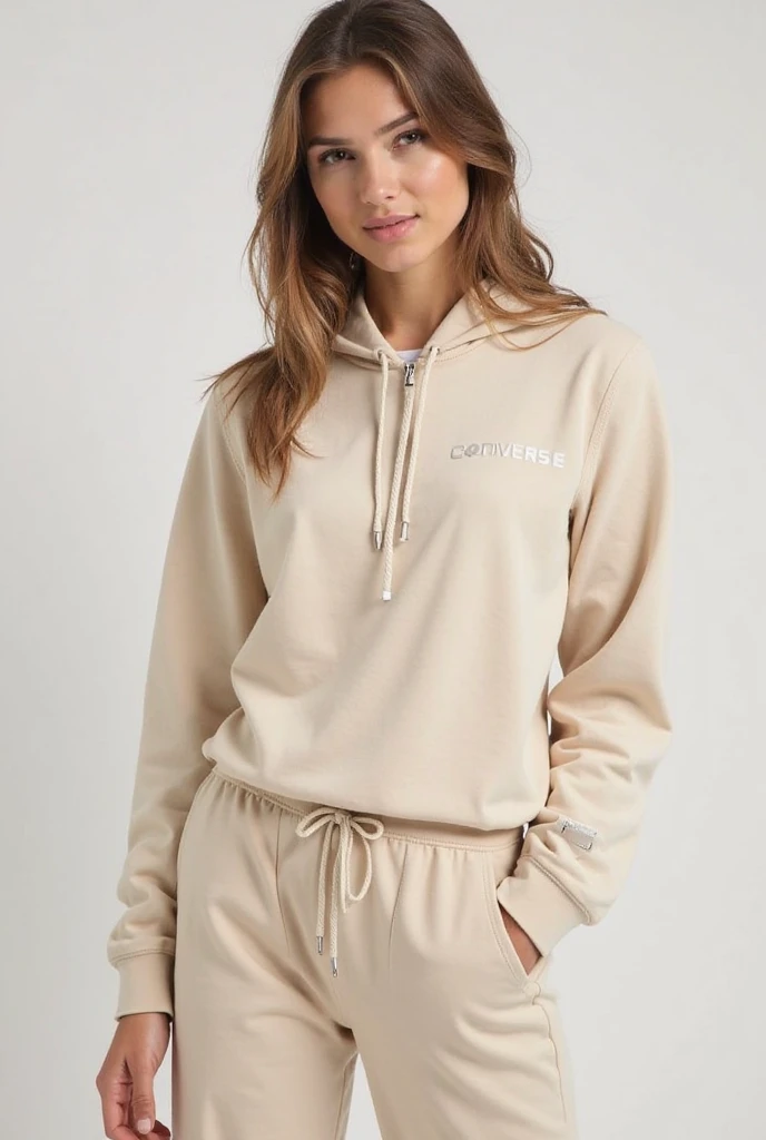 one beautiful woman, oval face, senseful lips, big brown eyes, 30 years old, slim sporty body, middle size breast, cooking in the kitchen, light brown working desk, window behind her, high sealing, 3/4 body, side view, (((wearing hoodie and tights))), clothes are whole and consitant, no text, sunny weather, backgorund blurred, sefie shot, cinematic lighting, motion blur, film grain, very detailed, 30 years, natural wave hair, dark brown eyes, high-res, masterpiece, best quality, intricate details, highly detailed, sharp focus, detailed skin, realistic skin texture, texture, detailed eyes, professional, 4k, 85mm, shallow depth of field, kodak color vision, perfect fit body, extremely detailed, photo_\(ultra\), photorealistic, realistic, post-processing, maximum detail, roughness, real life, ultra realistic, photorealism, photography, 8k uhd, photography (grain of film) medium shot for closeup shot, longer slimer face, perfect face, long dark brown hair, women far from each other, no hands visible, (no text on clothes):2.0, no graphics on clothes, (((hands are hidden))), hands in pockets, 