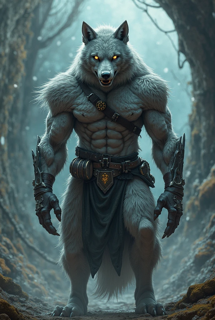 Create the image of a wolf with human characteristics observing attentively, among the trees, in a lookout posture.  The wolf is in a forest, He dresses like a hunter.  The focus of the image must be on the character, capturing precision in details.  The image should convey a sense of power, ferocity and determination.