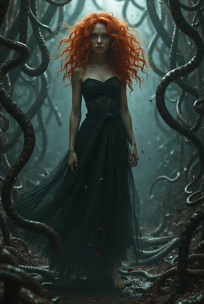 redhead snake woman running towards a portal door,with black clothes and a mystical background with shadows