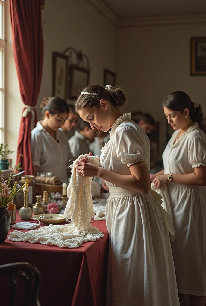 A picture where in the foreground there are beautiful dresses on a mannequin and far away in the background there are children with dirty clothes working with sewing machines and looking sad