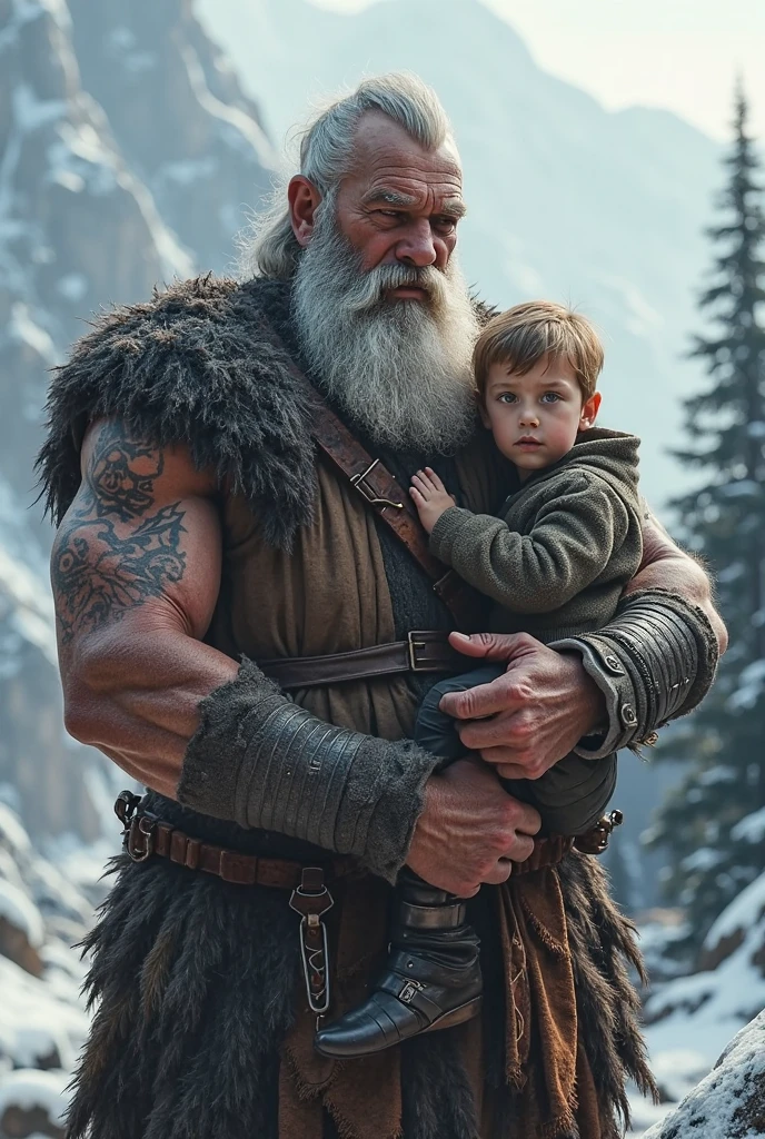 The image shows an imposing and robust man, probably a viking warrior, with his body covered in intricate tattoos reflecting Norse symbols and mythological figures. He wears a helmet with large horns., and his beard is long and thick, with a touch of gray hair, which gives him an air of experience and wisdom. on your shoulders, A child sits down, probably his son, also adorned with tattoos on his face and with a serious and determined expression, as if he was learning to be a warrior like his father. The boy has short blond hair, hairstyle with a mohawk, which gives it a rebellious and fierce look. Both characters are in an environment that suggests a battle or an expedition., with viking ships and ravens flying in the background, which reinforces the atmosphere of an ancient and dangerous world. The image is painted in a dynamic and energetic style., using quick brush strokes and earthy colours that capture the essence of Viking life.