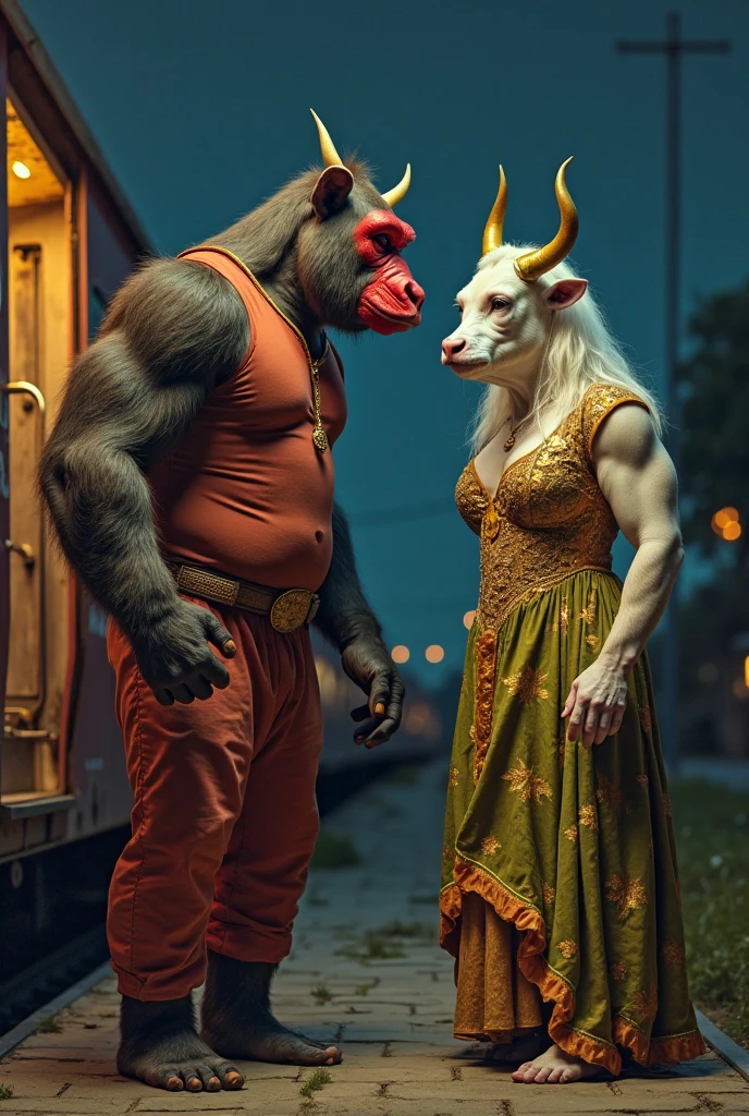 white male, fatter, hair blonde, red beard with horns on his head
, next to him a beautiful black woman with curly hair.