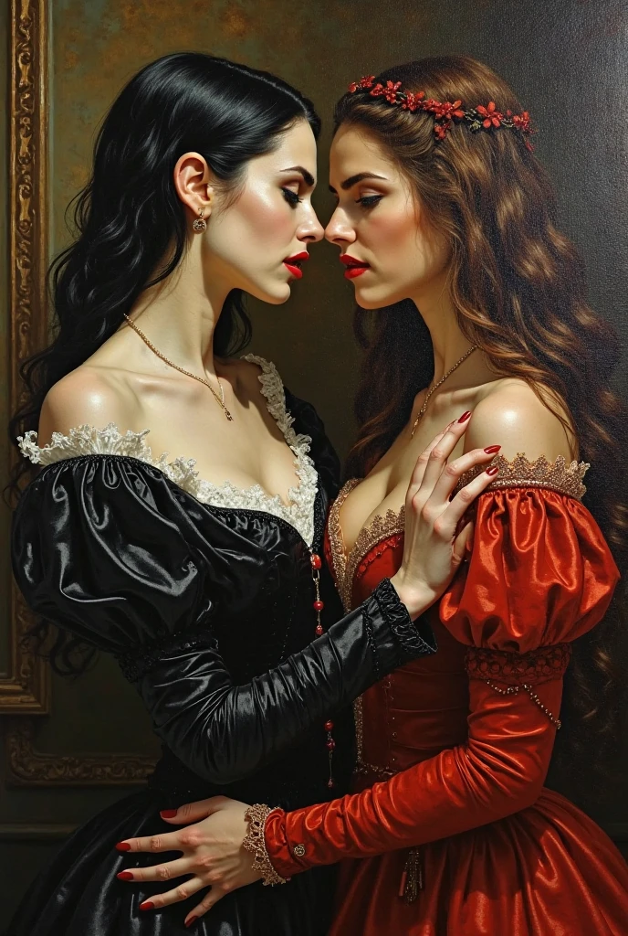 (a vampire woman with long, flowing black hair),(a human woman with beautiful, flowing brown hair),(dramatic lighting),(best quality:1.2, ultra-detailed, realistic:1.37),(dark atmosphere),(romantic),(crimson red color tones),(intense emotions),(mysterious background),(sharp focus),(vivid colors),(soft shadows),(subtle smoky effects),(dramatic composition),(gothic art style),(elegant),(subtle details on the vampire's fangs),(delicate features on the human woman's face),(gentle expression on the vampire's face),(subtle wind blowing their hair),(dark and intense eyes on both women),(passionate embrace),(filigree jewelry on the vampire's neck),(intricate lace dress on the human woman),(whispering wind sound effects),(captivating gaze),(surreal elements),(ethereal atmosphere),(mood lighting),(spellbinding), oil painting, blood, kissing, upper body