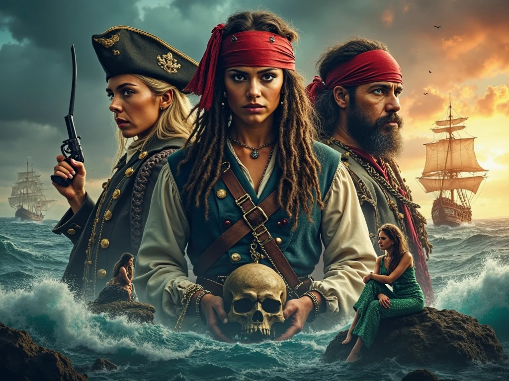 Équipage pirate en portrait composé de 10 filles, qualité ultra HD, 4 hommes parmi elles, très haute qualité extra fin, costume propre distingué allant avec leur personnalité déjanté qualité 1.4, drapeau de pirate tête de mort deux épée et un coeur transpercer, très haute définition et qualité, nombreux détail, mer apparente, bateau sur l'eau, coucher de soleil, lune transparente qui arrive 