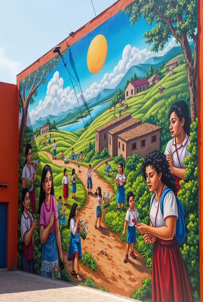 united people, with children playing picturesque murals, taking care of nature and everyone united regardless of color or economic position 