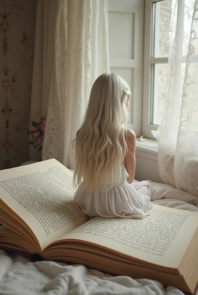 A man lies in a bed and the bed sheets are covered in the man's platinum hair The man's hair is as long as Rapunzel's . His hair is properly wavy and he is face down on the bed while reading a book, in So that his face doesn't show, he's face down, the man is thin and has a big ass.
