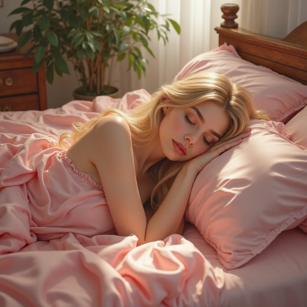 (highest quality,4K,8k,High resolution,masterpiece:1.2),Super detailed,(Realistic,photoRealistic,photo-Realistic:1.37),Beautiful and cute 18-year-old female student wearing a sexy high ,girl,garden,Beautiful views,Soft sunlight,A book in her hand,Laugh brightly,Bright expression,Blonde Hair,blue eyes,Long Curly Hair,She has a pink ribbon in her hair,White blouse,Checkered short skirt,tall white socks,Black Loafers,Stylish backpack,Cafeteria Background,Students eating lunch,A table with colorful food trays,Juicy burgers,Fresh sandwiches,Crispy French Fries,salad,Fruit bowl,A variety of refreshing drinks,glass windows overlooking green gardens and blooming flowers,Vibrant colors,Pastel Tones,Picturesque style,Soft brushwork,Dreamy atmosphere,Playful lighting,Sunlight streaming through the window,Create beautiful patterns on walls and floors,Long straight hair_Hair reaching down to the waist、in the bed room,(((Sleeping on your back、Grabbing the bed sheets tightly with pleasure:1.3))

