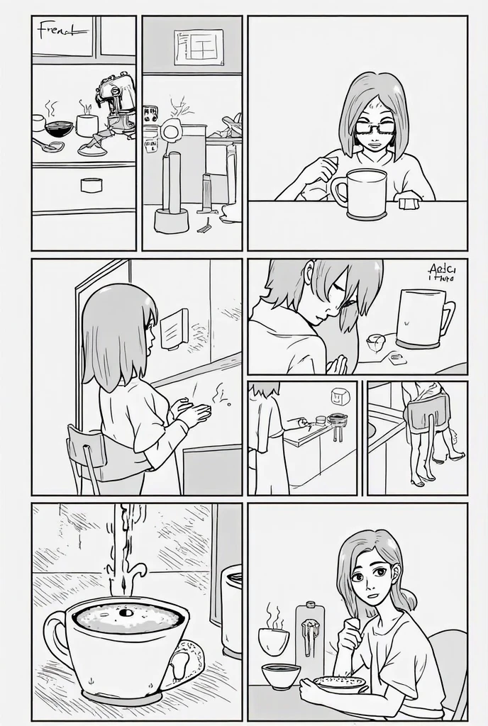 An anime-style black-and-white drawing of a woman in a vintage kitchen holding a large dildo, with exaggerated expressions, random sexy poses, and a playful, whimsical atmosphere. The woman is naked from the wait down.