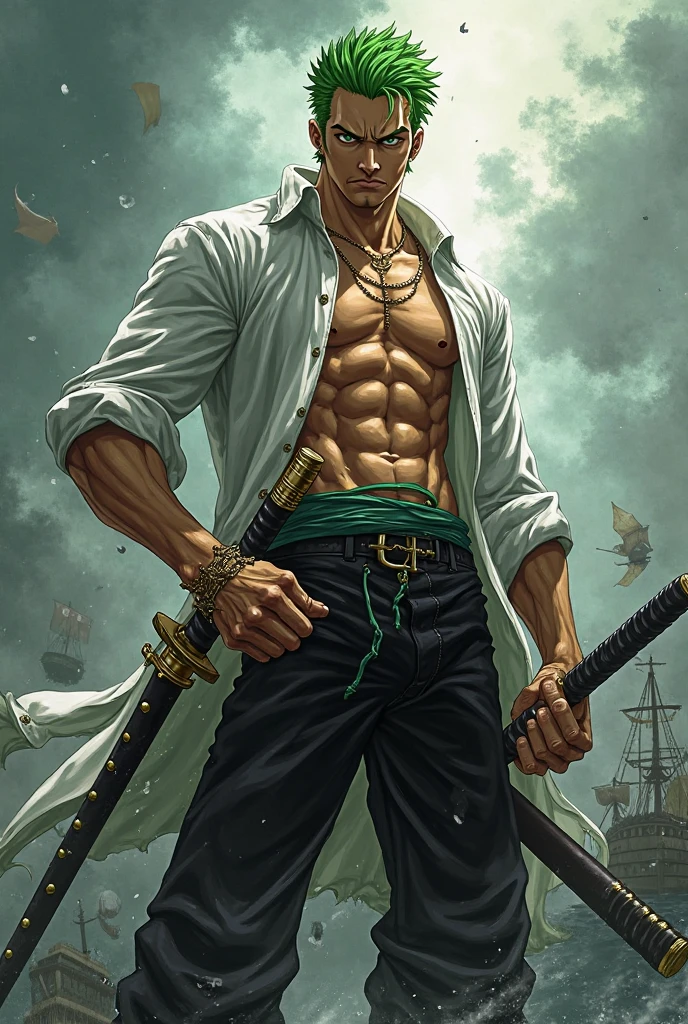 8k portrait of Roronoa Zoro bodybuilder, holding a katana by the teeth, background a pirate boat, intricate, holding a katana, elegant, highly detailed, full body, majestic, digital photography, art by artgerm and ruan jia and greg rutkowski, green hair, green eyes, (detailed eyes) broken glass (masterpiece, side lighting, beautiful finely detailed eyes: 1.2 ), hdr,
