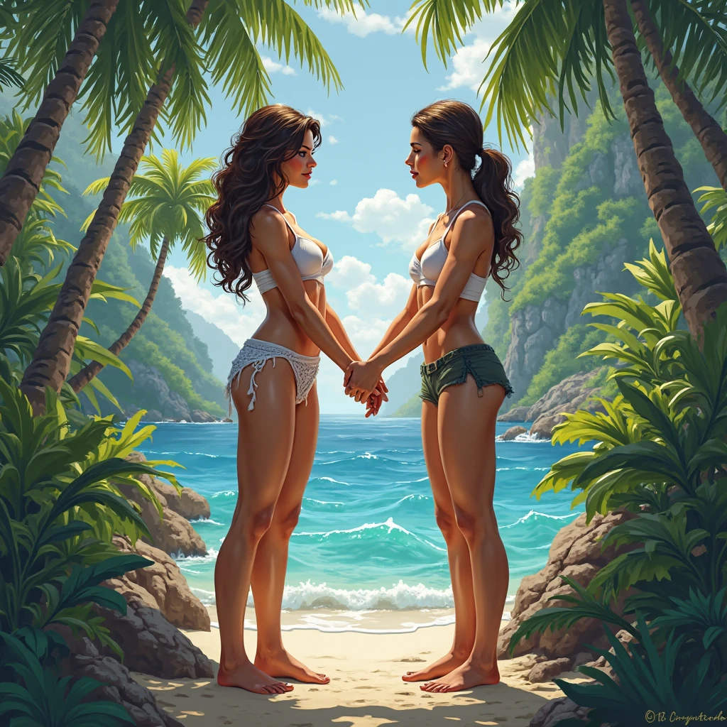two girls, 1 red hair girl and 1 black hair girl, on the beach, nude tits, affectionate, sun (art inspired by Bill Sienkiewicz). oil painting)