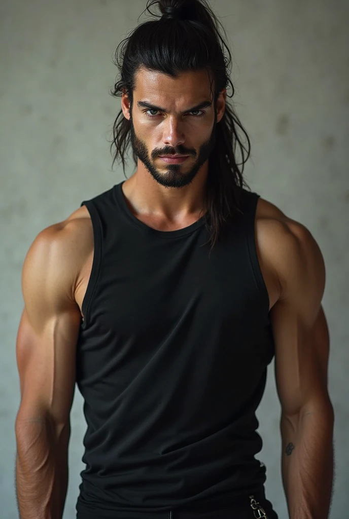 a tall man with a stocky but not exaggerated build with long black hair almost reaching his waist with neon green eyes that seem to shine and tattoos on his arms dressed casually