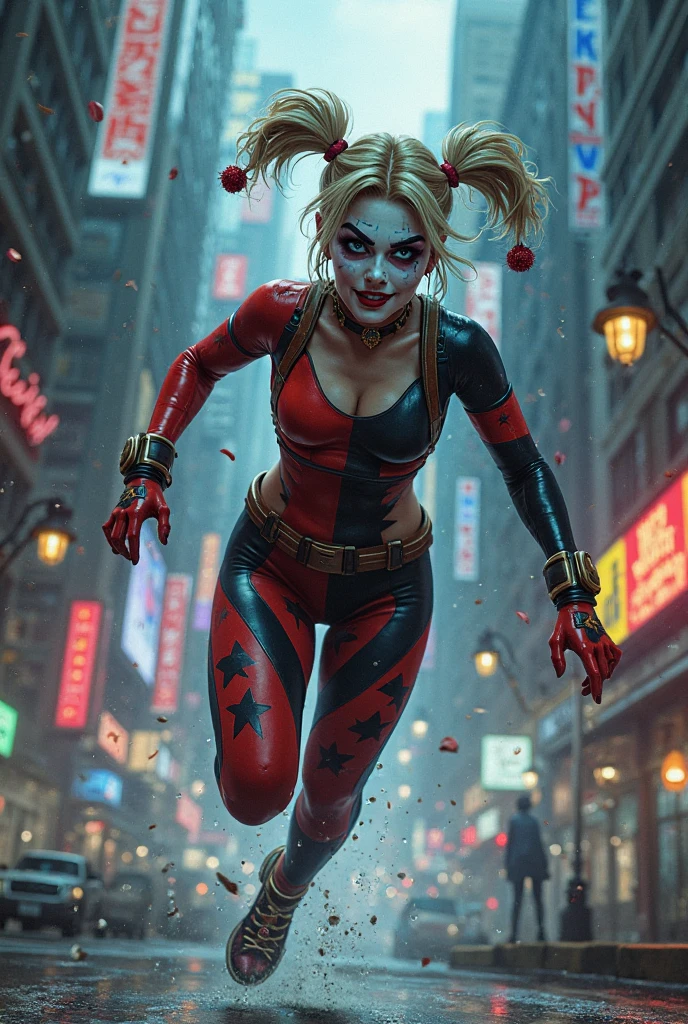 Harley quinn, tout le corps, folie dans les yeux, une batte de base-ball dans les mains, arrière-plan batman pendu par les pieds