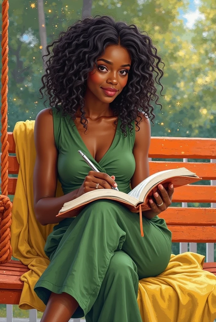 Drawing of young lady with curly hair, tez clara y gafas, leyendo un libro.