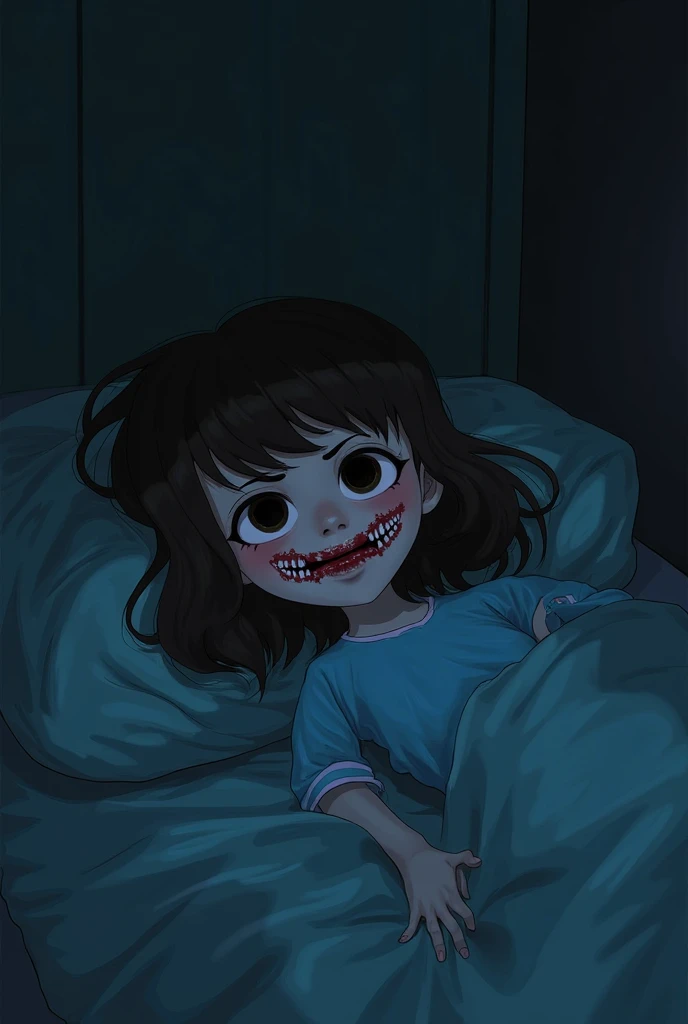 Kittu (4 year girl) sitting up in bed with an unnatural, evil grin on her face. Her eyes are glowing with a sinister light, and her small hands are clutching the bed sheets tightly as if she is holding onto something unseen.