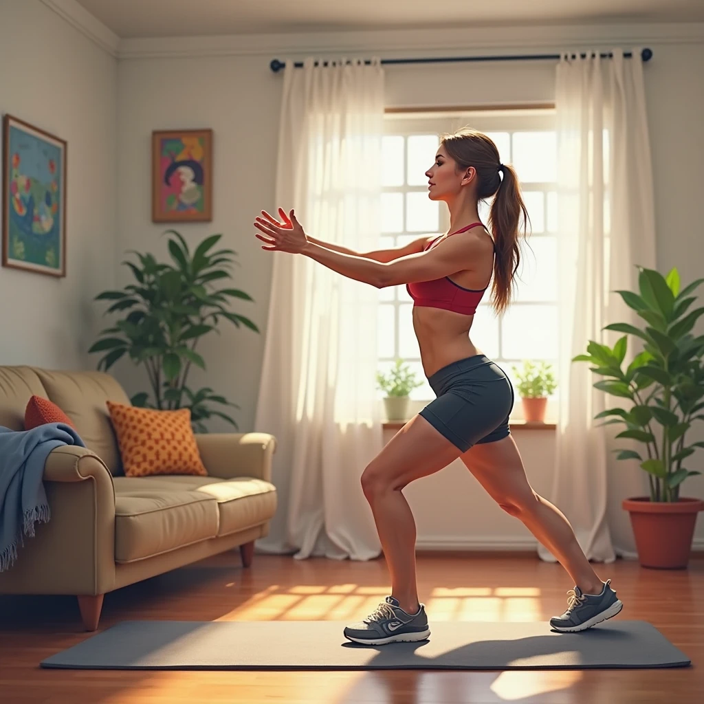 woman in blue shorts and gray top playing wii on a television, working out, cottagecore!! fitness body, workout, fit pic, side view of her taking steps, lunging at camera :4, legs and arms, in shape, wearing fitness gear, indoor shot, leg and hip shot, fit body, sport bra and dark blue shorts, side shot, high quality, 8k