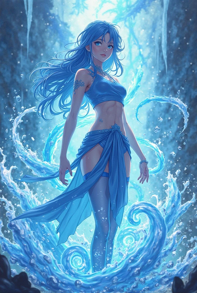 high details, best quality, 8k, [ultra detailed], masterpiece, best quality, (extremely detailed), full body, ultra wide shot, photorealistic, fantasy art, dnd art, rpg art, realistic art, an ultra wide picture of a female human (1.5 intricate details, Masterpiece, best quality) goddess of water  ((watery radiant aura)), controlling a swirling streams of watery magic (1.5 intricate details, Masterpiece, best quality), manipulating purple radiant magical symbols, [[divine symbols]] (1.5 intricate details, Masterpiece, best quality), human female, blue  hair, long hair with aura, hair with green radiant eyes, intense eyes, holding a trident, ((radiant eyes)), (( green glowing eyes)), dynamic clothing, fantasy sea background, stresms of sea water,  celestial  background, ((divine worship atmosphere)), high details, best quality, highres, ultra wide angle, Latex, faize