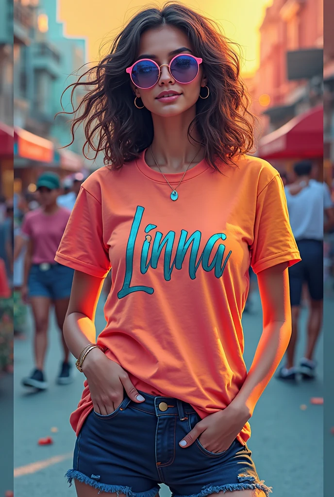 dua lipa with half red and orange jersey, leaning on small white lion statue inside of a room with plants and orange lights