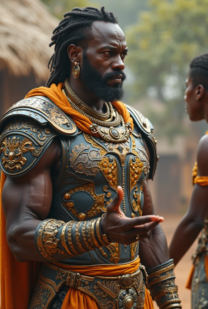 create an image in African mythology of a male version of Ogun, black skin, with a short blue skirt, silver helmet, and holding a steel sword