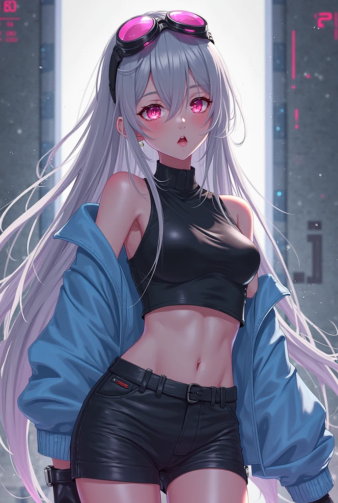 1girll，whaite hair，nabel，looking at viewert，Place your hands on your chest，black black jacket，Broken dolphin shorts，groin，（white  shirt：1.2），pigtails，Very long hair，Wide buttock，Reveal traces，Lift，
underbust，The shirt，
The large\（BodyProportions\），