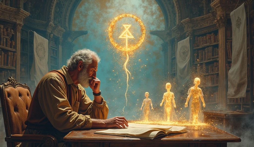 In a celestial realm beyond the stars, a powerful god peers intently through a colossal, glowing microscope. Below the lens, the world resembles Earth, complete with oceans, mountains, and bustling cities, but viewed at a microscopic scale. The god’s eyes, filled with wisdom and curiosity, focus on tiny human figures going about their lives, unaware of the divine presence observing them. His hands, massive yet gentle, hover near the microscope as if ready to intervene or simply watch over his creation. The surrounding space is a mix of swirling galaxies and ethereal light, symbolizing the vastness of the universe under his watchful care. This image captures the delicate balance of power and compassion, as the god observes the intricate details of the world he created, contemplating the destiny of humankind.