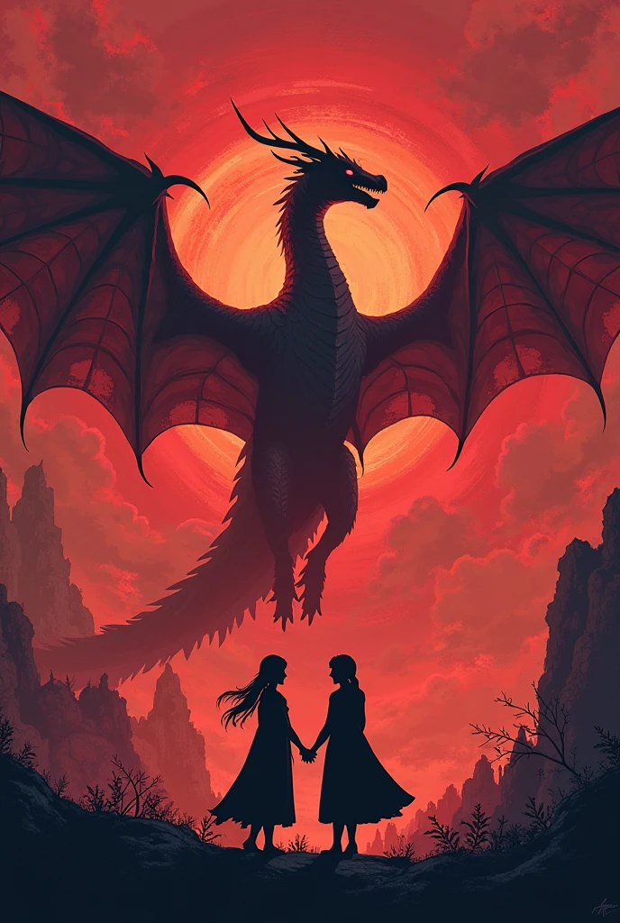 A logo flag with a dragon human and a vampire girl