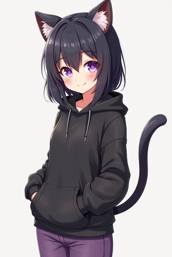 ((Best quality)), ((masterpiece)), (detailed), , black short hair, black hoodie, black miniskirt, stockings, cat ears, cat tail