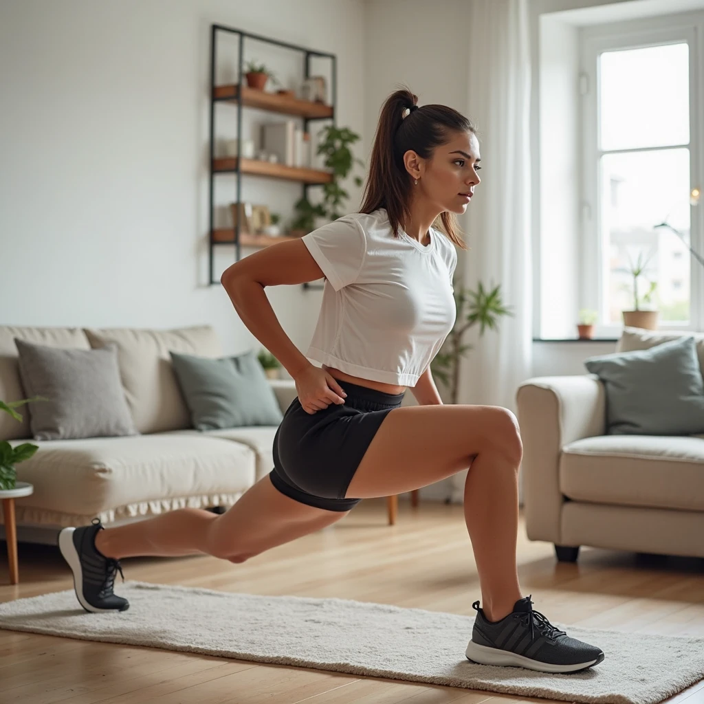 there is a woman that is standing on a balcony with her leg up, squatting down next to a pool, wearing fitness gear, short robust woman, pilar, side portrait, sport bra and dark blue shorts, by Gina Pellón, cottagecore!! fitness body, squatting pose, by Nándor Katona, side pose, karla ortiz