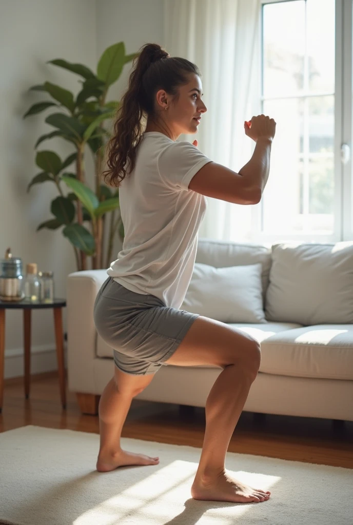 woman in red shirt and blue shorts jumping on a trampol, bouncing, jumping towards viewer, jumping, indoor shot, shot on nikon d 3 2 0 0, by Amelia Peláez, jumping at the viewer, cottagecore!! fitness body, back - shot, indoor, lowres, backshot, in a jumping float pose, full body wide shot