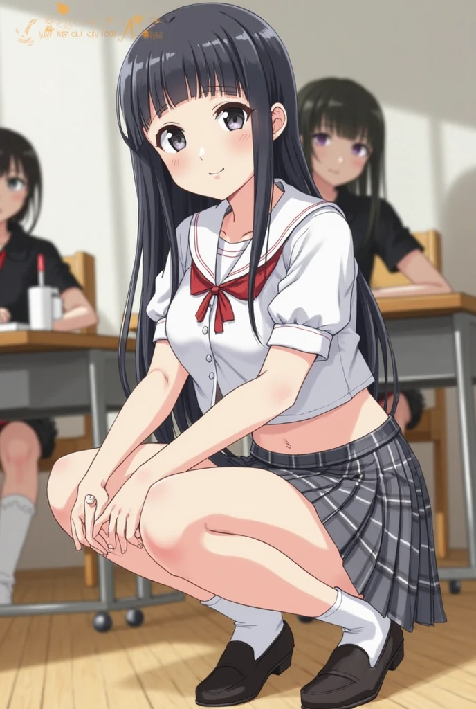 school gymnasium on stage elementary school girl 8-year-old flat chest black hair long hair eyes are purple ((1 person)) White upper body long sleeve sailor uniform Lower body navy blue miniskirt white panties white socks Indoor sports shoes Are standing ((white pantiesが見える)) from the front dynamic angle Low - Angle