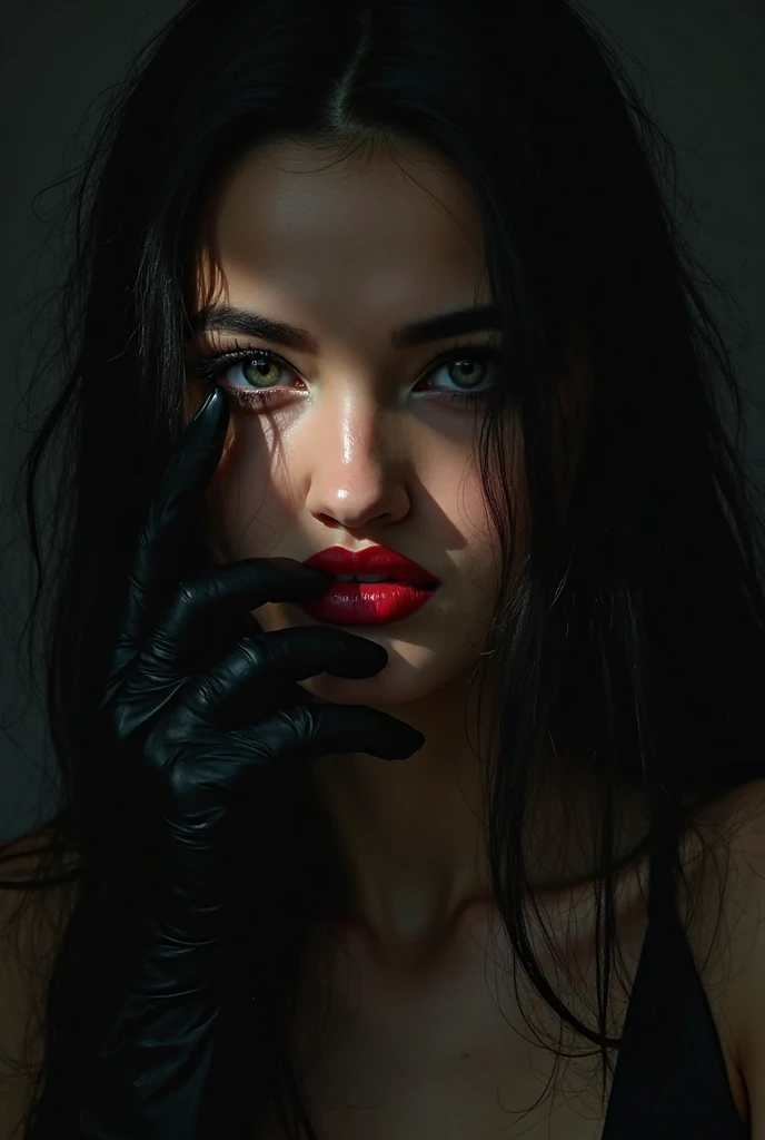 ultra realistic, photography, portrait, close-up, extreme close-up, long black straight hair, (30 years old, hazel eyes, hourglass figure, perfect fit body, slightly tanned skin, natural big breasts), red lipstick, she is wearing a tight black sheer turtleneck top, she has a tarantula crawling over her hand, there are spiderwebs in the background