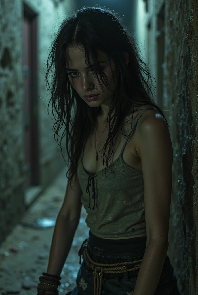 A girl, old ragged clothes ((torn clothes1.5)), splashed water on her body (wet shirt 1.8), shocked face, hyper realistic, unreal engine, ultra detailed, perfect face, HD, photo art