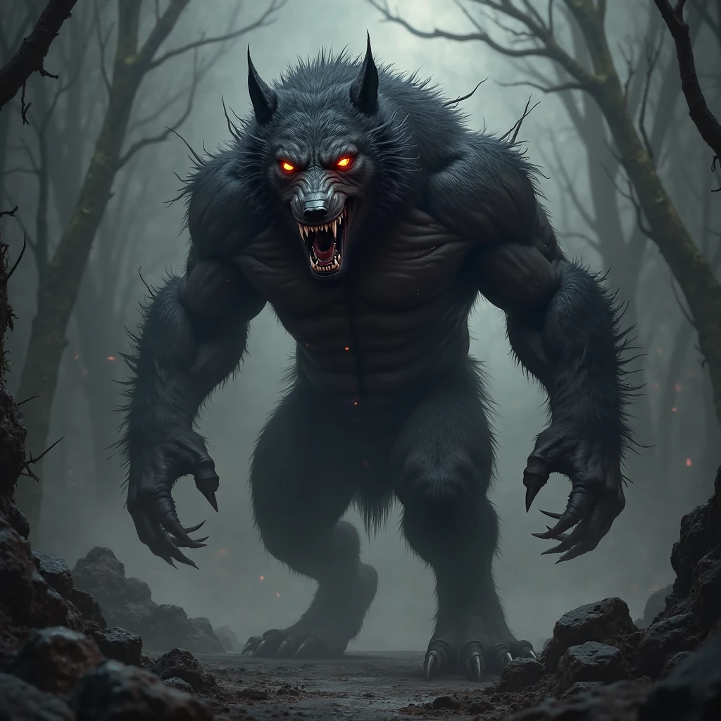 a nightmare werehog sonic humanoid creature, black fur, white glowing eyes, white gloves, black tentacles surrounding its body, dark aura, extremely detailed, 8k, photorealistic, cinematic lighting, chiaroscuro, dark fantasy, horror, moody atmosphere