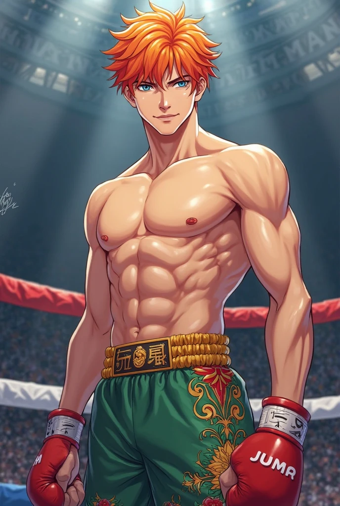 Make a robust  boy with muscles and cinnamon skin with red hair Also 2d anime style of baki He is the son of Yujiro Hanma, he also has many scars and muscular training, he has a fighting suit,With T-shirt