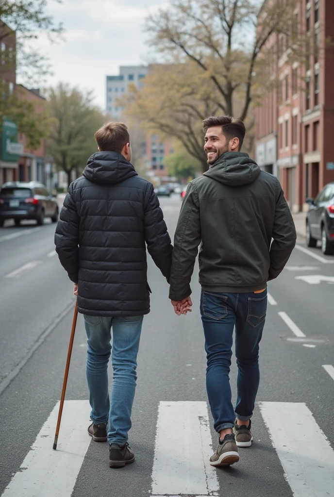 Handsome blond man, He is a wheelchair user, is sitting in a wheelchair with his hand on the wheels, paralyzed legs, gay, the boyfriend is next to him