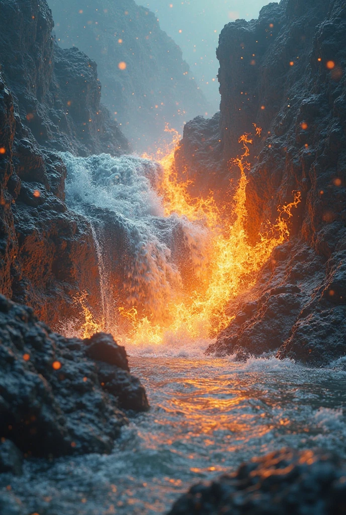 National Geographic style picture, Award winning,(best detailed: 1.5), an picture of an epic sized waterfall in the volcano at midday , an (epic sized waterfall: 1.3), water coming down from a volcanic cliff, multi level water falls, several pools created in different levels, forming new waterfalls, water cascading into a (large lava pool: 1.3) steam rising, clear water in many hues of blue and azure falling, hitting a pool of lava in colors of orange and red, boiling lava, you can see the water hitting the pool and (steam of fog rising from the pool: 1.2) , drops of water splashing around, volcanic tropical island with a volcano background, a long shot, photorealistic, 16k, RAW, award winning, (best detailed: 1.5), masterpiece, best quality, (best detailed: 1.3), full body, ultra wide shot