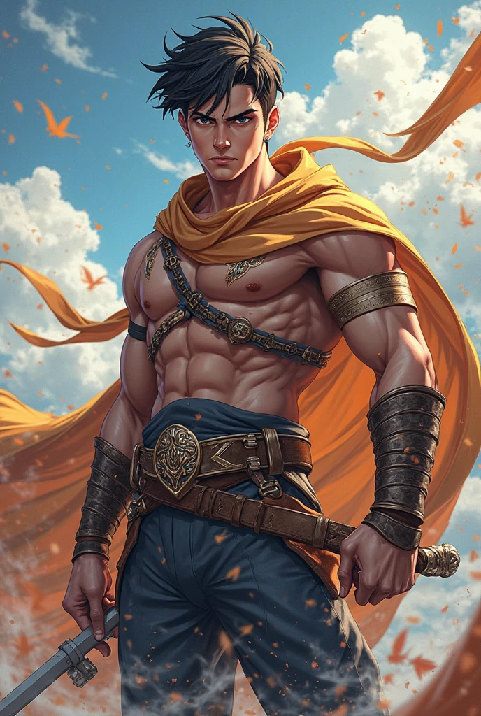 The God of Sand, he is a God who has spiky black hair, he has hunter's eyes and wears gothic makeup, he is completely naked with his penis and balls visible, he is throwing sand all over his body, black background