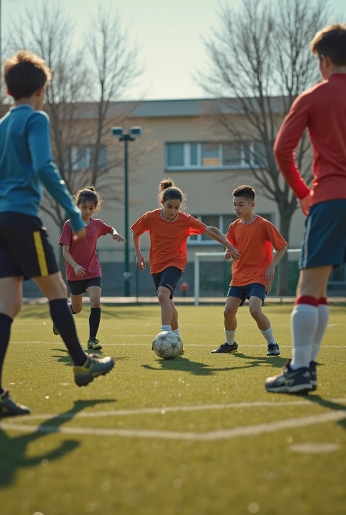 

[Scene 4: Boys playing and not letting the child with broken shoes play]

Description: The group of boys with the branded soccer cleats refuse to let the boy play with the broken shoes. Exclusion is clearly visible.



