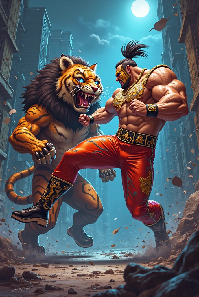 ((best quality)), ((ultra-detailed)), ((masterpiece)), photography, scene: spacious abandoned café, theme: anthropomorphic animal mafia, character: lion, appearance: muscle building, action: combat posture,a football team shirt esport club recife, lion's head with a mane expression: fierce, holding a gazelle bone, gold necklace, bare upper body, sports mafia tattoos,  perspective: 4K.