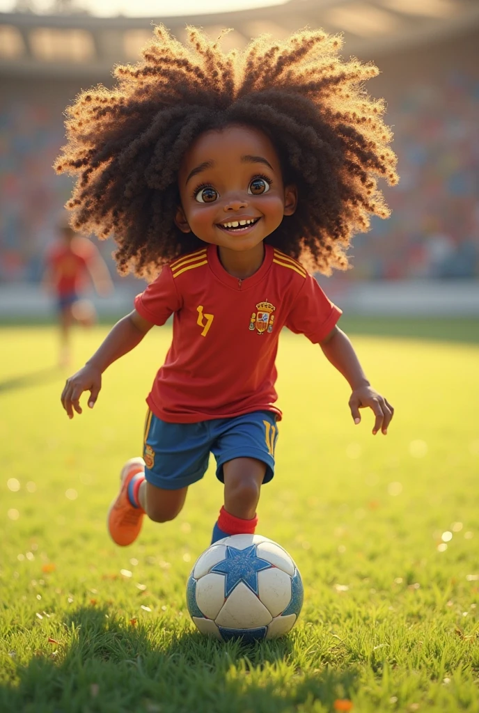 Personagem de desenho animado 3D segurando uma bola de futebol em um campo gramado, menino negro, (afetos faciais detalhados)(((baby))), arte do filme, tiro limpo, , como um personagem pixar, jovem bonito, cabelo afro curto, grace and blessing, (((sorriso bonito))), renderizado em irreal, imagem promocional do filme, imagem renderizada --auto --s2