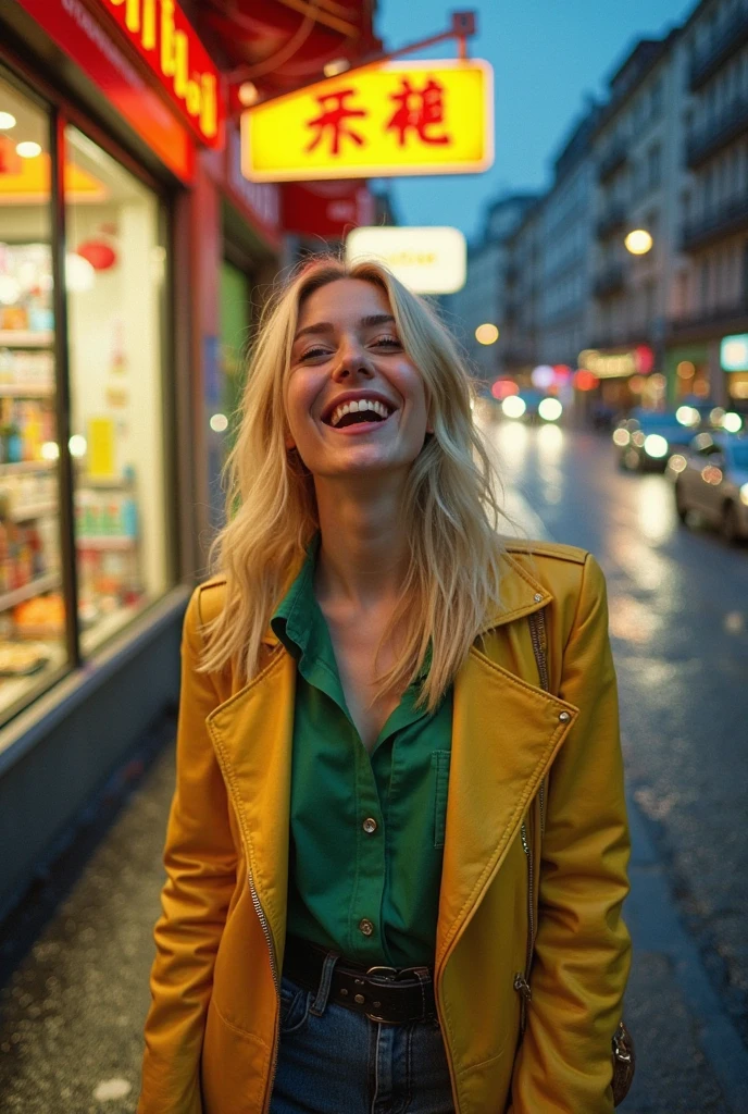 A 20-year-old woman with bright yellow hair, smiling warmly, standing in front of a vibrant british cityscape, the city skyline with tall buildings and bustling streets in the background, natural daylight, realistic and detailed, casual clothing, the focus is on her joyful expression, slight wind blowing through her hair, capturing a lively urban atmosphere
