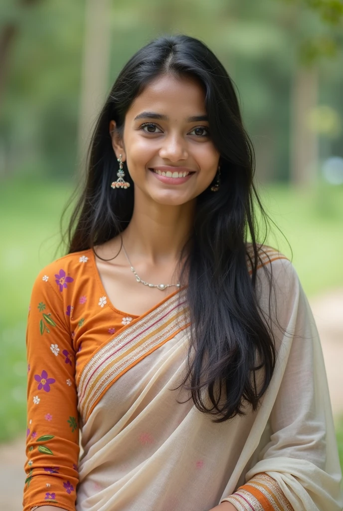 Kerala beautiful 23 years old girl, not modern, long hair but not modern har style, breast size 40, her dress is Kerala style nadan orange shall and yellow combo dhavani, coconut tree on background,with relaxing pose, looking very very beautiful face, I want a closeup short, only a single arguments, looking approximate 65 kg weight, front pose, light on face