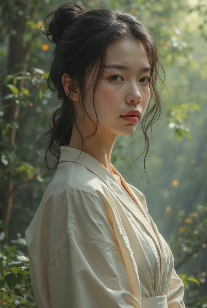 An elegantly dressed Japanese woman in natural light、A close-up of her chest and calm expression.、It shows her inner peace and outer charm.。