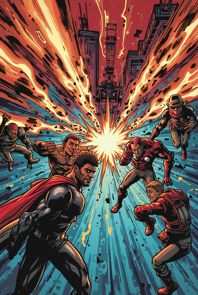 (comic strip:1.5), Flame Woman and super villains engage in epic battles.Flames, explosions, superpowers, punching, kicking, fireballs, combo moves, encirclement, villain, thug, mecha armor, flamethrowers, rocket launchers, intense, destruction, disaster, battle, victory, hero, justice