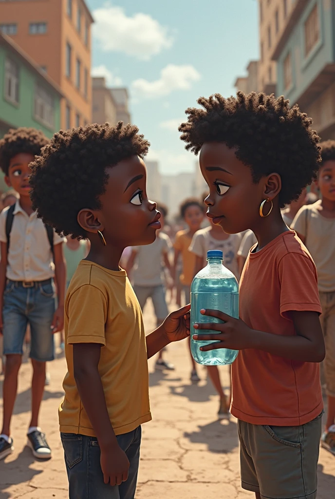 An african boy looking behind his back with a grin on his face with his hands under sa running tap and a girl lioking at him