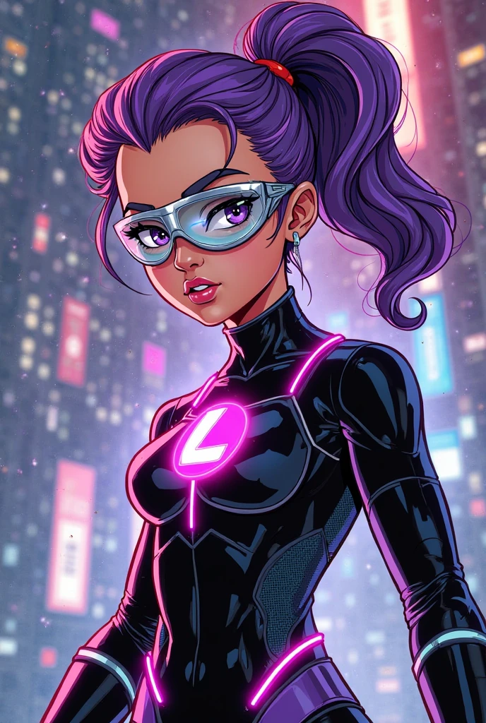 (8k),(masterpiece),(Afrocan),(8-year-old girl),((innocent look)),((Childish)),From the front,smile,cute,Innocent,Kind eyes,Flat chest,dark skin Hairless vagina, Cameltoe, Cyborg Costume,Short,Hair blowing in the wind,Black curly buzzcut Hair,Strong wind,night,dark, Neon light cyberpunk city,kirbywood, drawing, vintage color comics