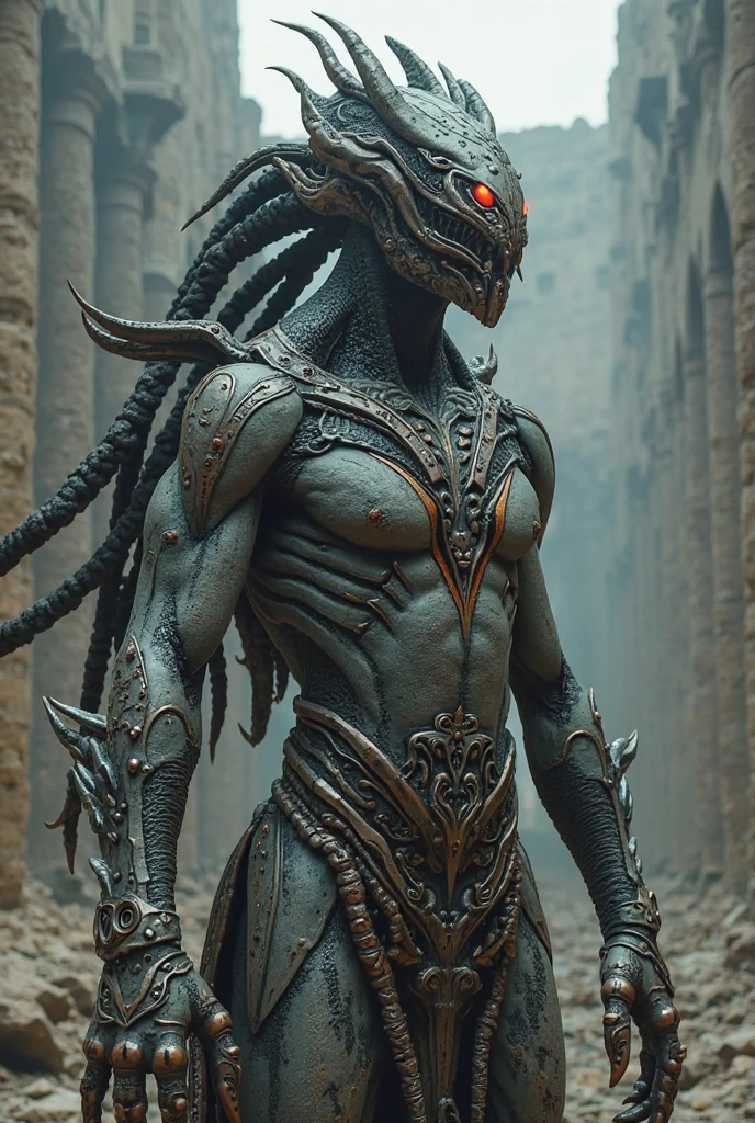 Stunning Yautja with black skin decorated with golden patterns and bright green eyes. 