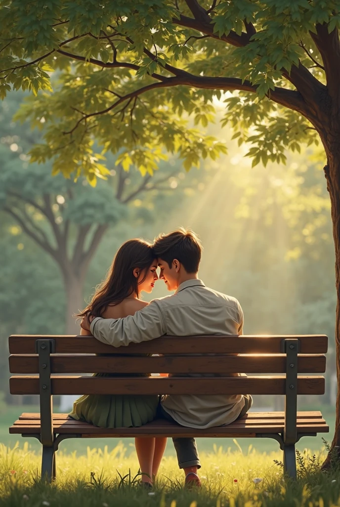 Couple back to back sitting on a love seat in a rustic hotel garden, woman with head resting on man's shoulder,