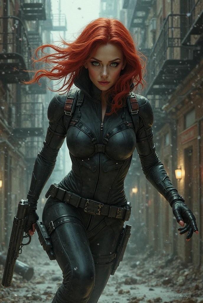 The image features a girl with long, bright red hair, dressed in a sleek skin-tight shiny black latex bodysuit with a deep-cut zipper neckline revealing a large chest, the silver zipper running down the front. The suit is complemented by her iron wrist guard on both wrists and a belt made of silver circles around her waist. She holds a gun in each hand in a ready position, while her other hand is touching her hair. Placed against a dark city backdrop, the scene includes buildings and might contain elements resembling a clock tower, suggesting an urban setting. This composition is emblematic of a superhero genre, highlighting central and ancillary characters, with an overtone of action and vigilance.